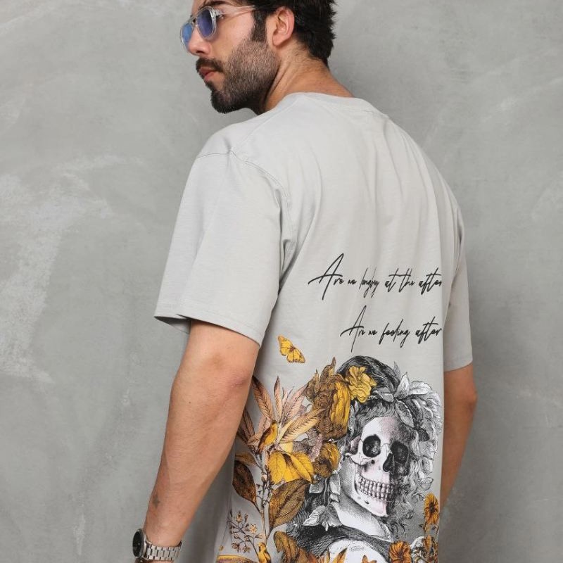 Erkek Kısa Kol Yazlık Tişört Bisiklet Yaka Baskılı Oversize T-Shirt - Gri