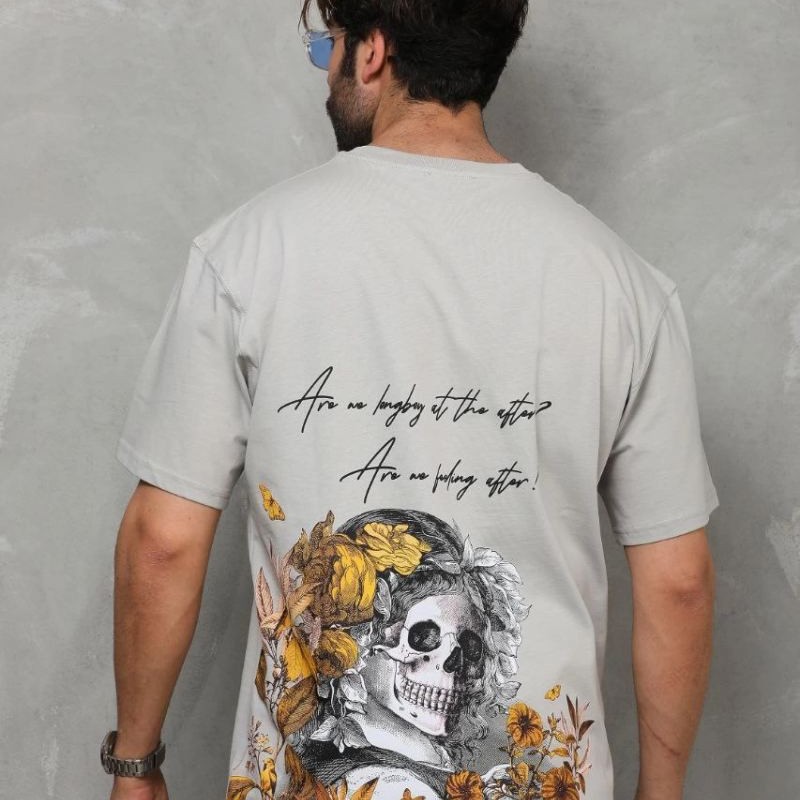 Erkek Kısa Kol Yazlık Tişört Bisiklet Yaka Baskılı Oversize T-Shirt - Gri