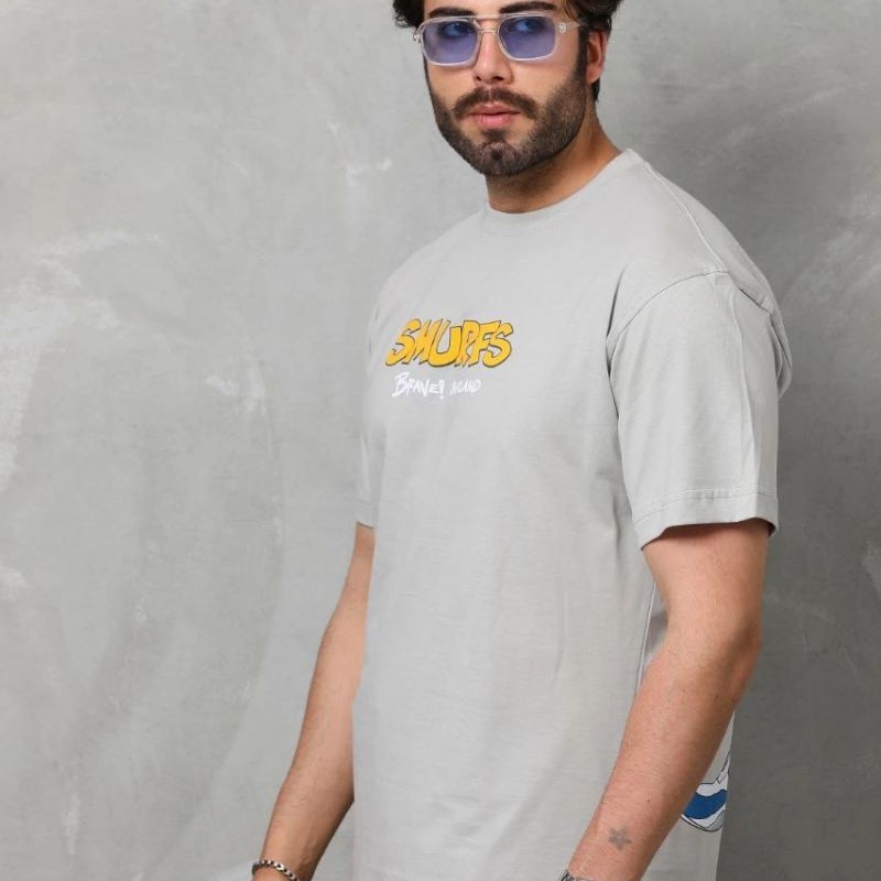 Erkek Kısa Kol Yazlık Tişört Bisiklet Yaka Baskılı Oversize T-Shirt - Gri
