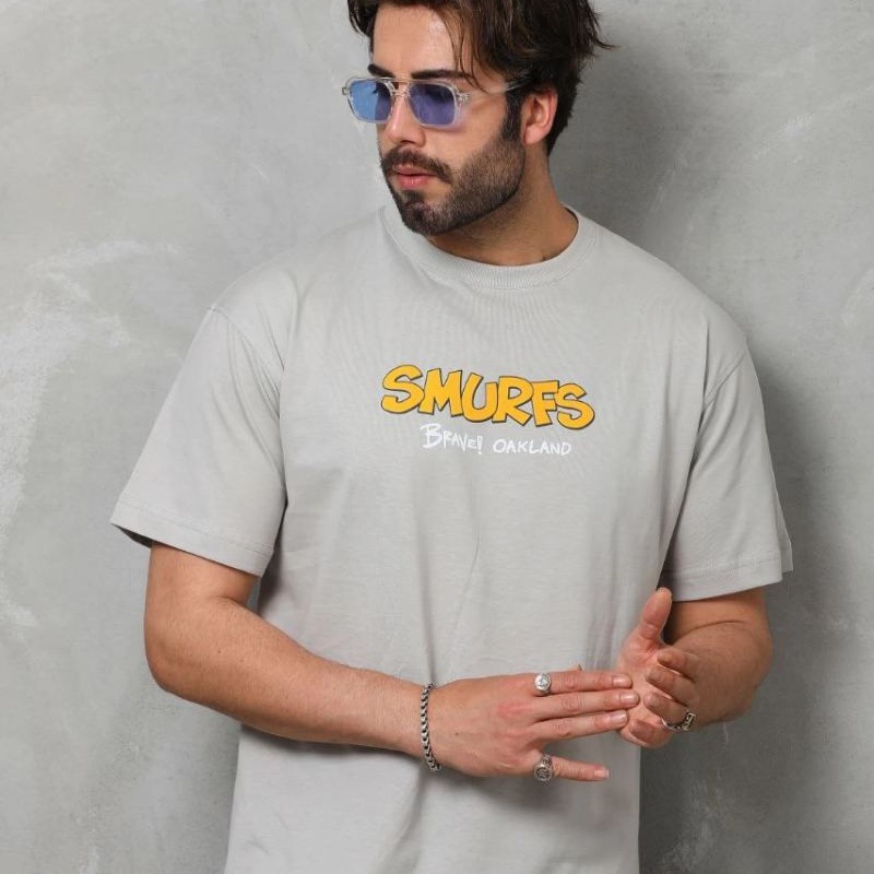 Erkek Kısa Kol Yazlık Tişört Bisiklet Yaka Baskılı Oversize T-Shirt - Gri