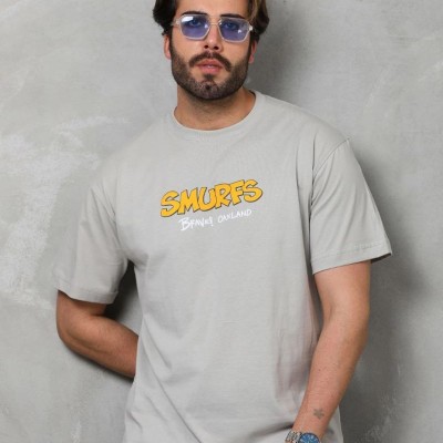 Erkek Kısa Kol Yazlık Tişört Bisiklet Yaka Baskılı Oversize T-Shirt - Gri