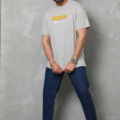 Erkek Kısa Kol Yazlık Tişört Bisiklet Yaka Baskılı Oversize T-Shirt - Gri