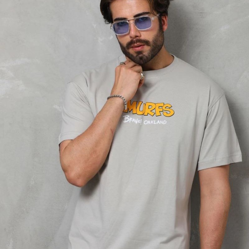 Erkek Kısa Kol Yazlık Tişört Bisiklet Yaka Baskılı Oversize T-Shirt - Gri