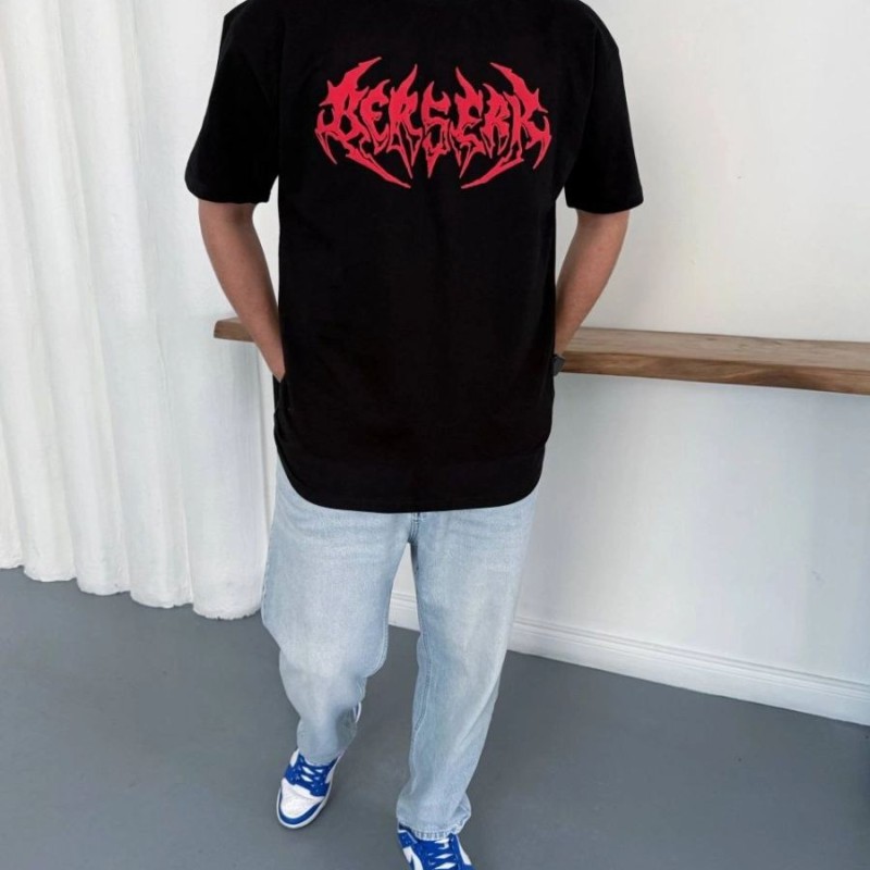 Erkek Kısa Kol Yazlık Tişört Bisiklet Yaka Baskılı Oversize T-Shirt - Siyah