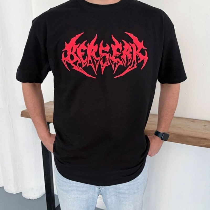 Erkek Kısa Kol Yazlık Tişört Bisiklet Yaka Baskılı Oversize T-Shirt - Siyah