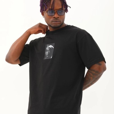 Erkek Kısa Kol Yazlık Tişört Bisiklet Yaka Baskılı Oversize T-Shirt - Siyah