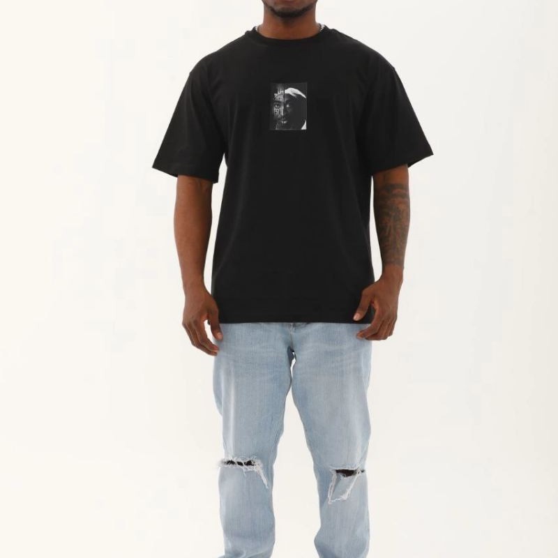 Erkek Kısa Kol Yazlık Tişört Bisiklet Yaka Baskılı Oversize T-Shirt - Siyah