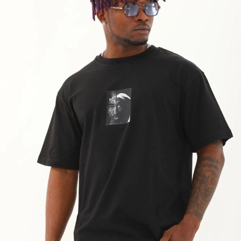 Erkek Kısa Kol Yazlık Tişört Bisiklet Yaka Baskılı Oversize T-Shirt - Siyah
