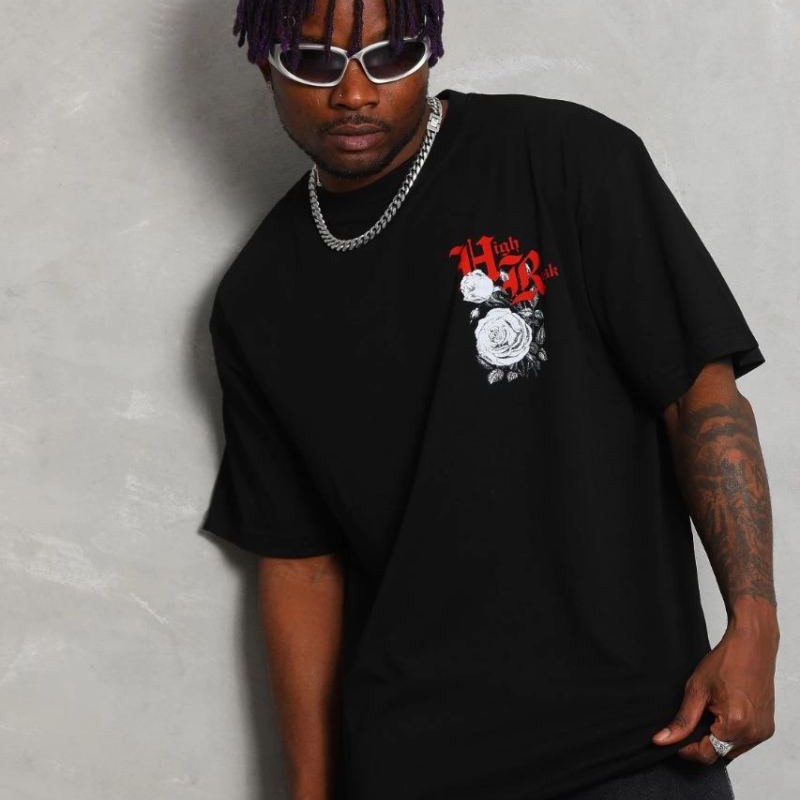 Erkek Kısa Kol Yazlık Tişört Bisiklet Yaka Baskılı Oversize T-Shirt - Siyah