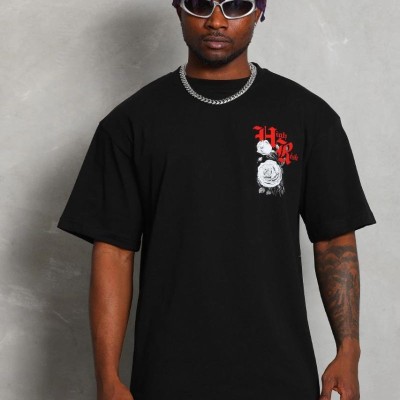 Erkek Kısa Kol Yazlık Tişört Bisiklet Yaka Baskılı Oversize T-Shirt - Siyah