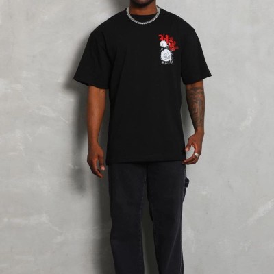 Erkek Kısa Kol Yazlık Tişört Bisiklet Yaka Baskılı Oversize T-Shirt - Siyah