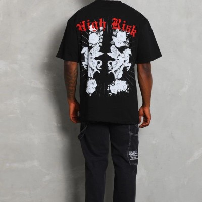 Erkek Kısa Kol Yazlık Tişört Bisiklet Yaka Baskılı Oversize T-Shirt - Siyah