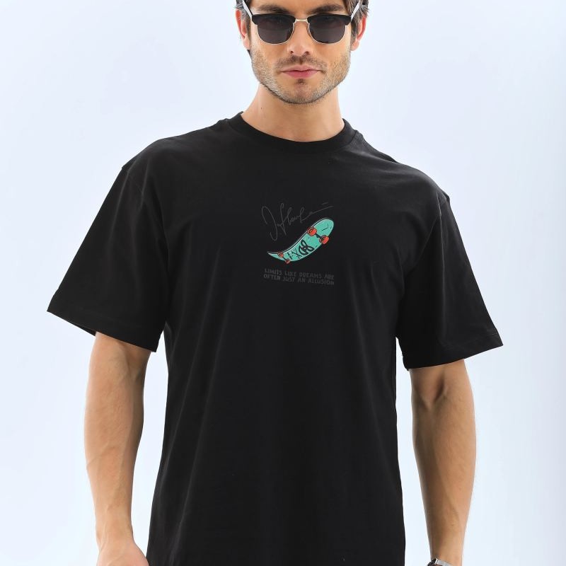 Erkek Kısa Kol Yazlık Tişört Bisiklet Yaka Baskılı Oversize T-Shirt - Siyah