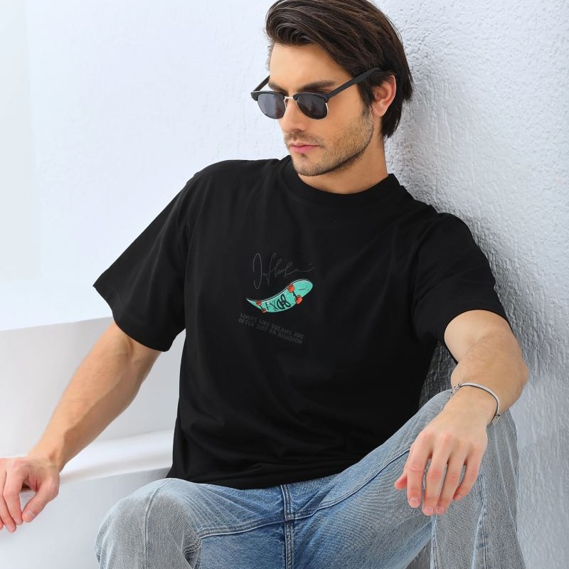 Erkek Kısa Kol Yazlık Tişört Bisiklet Yaka Baskılı Oversize T-Shirt - Siyah