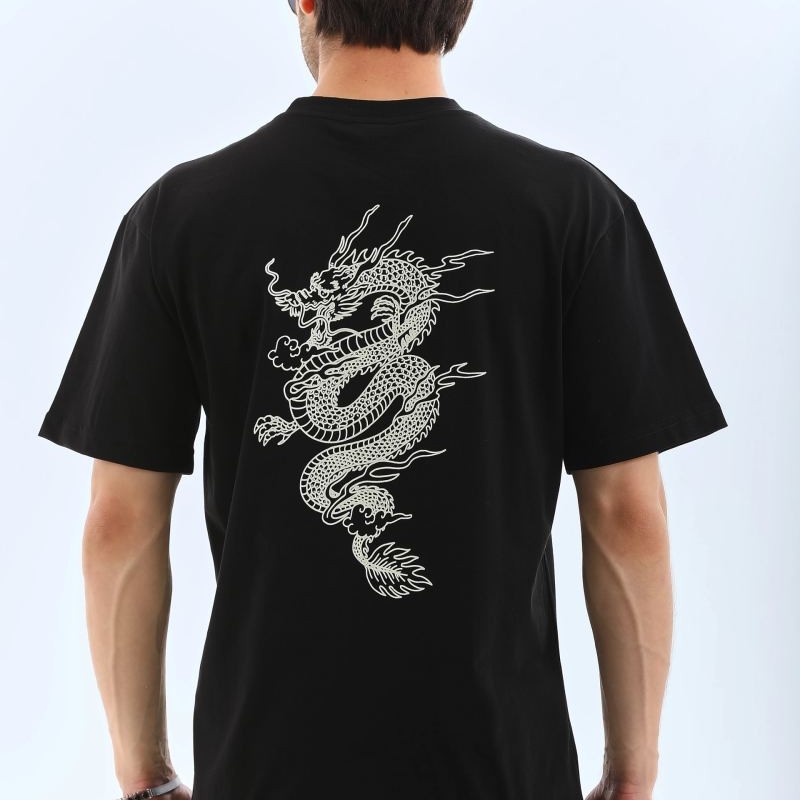 Erkek Kısa Kol Yazlık Tişört Bisiklet Yaka Baskılı Oversize T-Shirt - Siyah