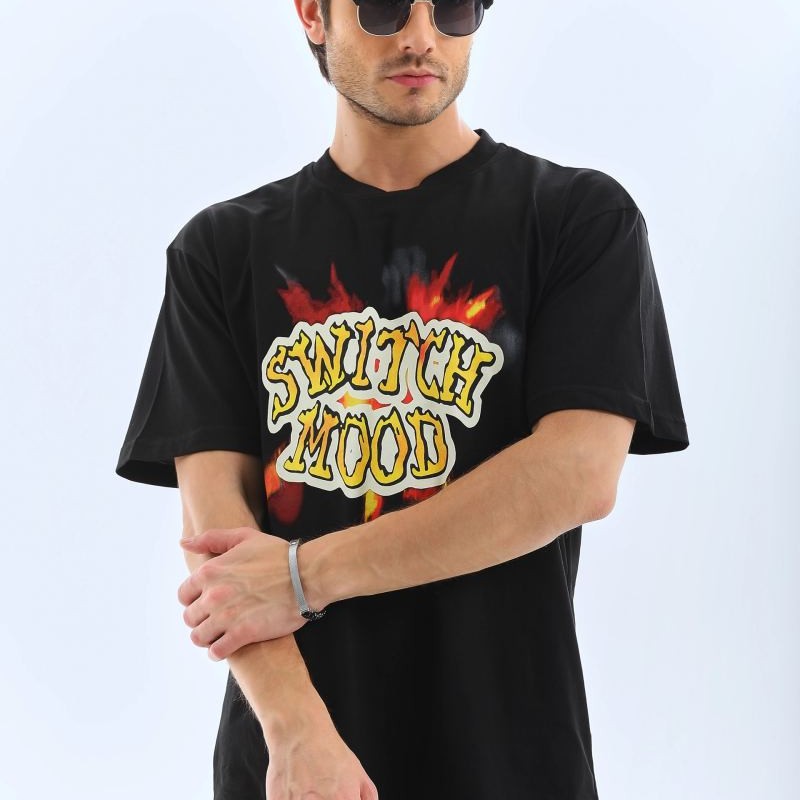 Erkek Kısa Kol Yazlık Tişört Bisiklet Yaka Baskılı Oversize T-Shirt - Siyah