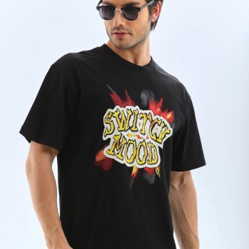 Erkek Kısa Kol Yazlık Tişört Bisiklet Yaka Baskılı Oversize T-Shirt - Siyah