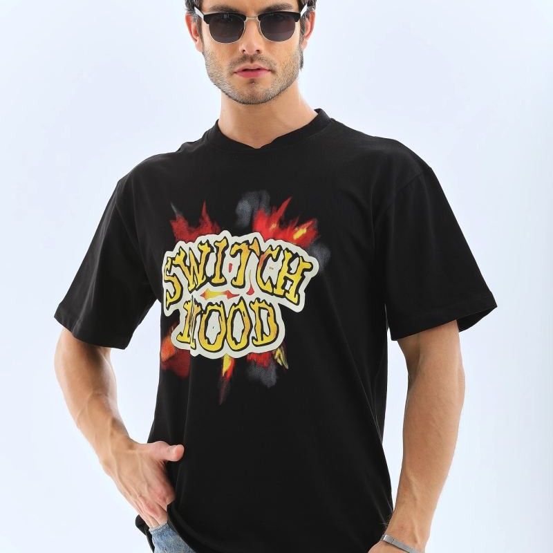 Erkek Kısa Kol Yazlık Tişört Bisiklet Yaka Baskılı Oversize T-Shirt - Siyah