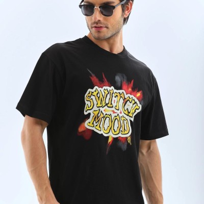 Erkek Kısa Kol Yazlık Tişört Bisiklet Yaka Baskılı Oversize T-Shirt - Siyah