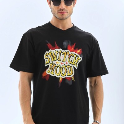 Erkek Kısa Kol Yazlık Tişört Bisiklet Yaka Baskılı Oversize T-Shirt - Siyah