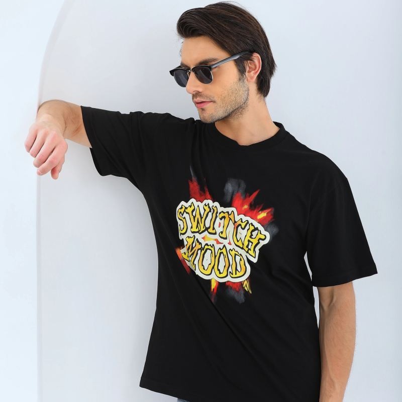 Erkek Kısa Kol Yazlık Tişört Bisiklet Yaka Baskılı Oversize T-Shirt - Siyah