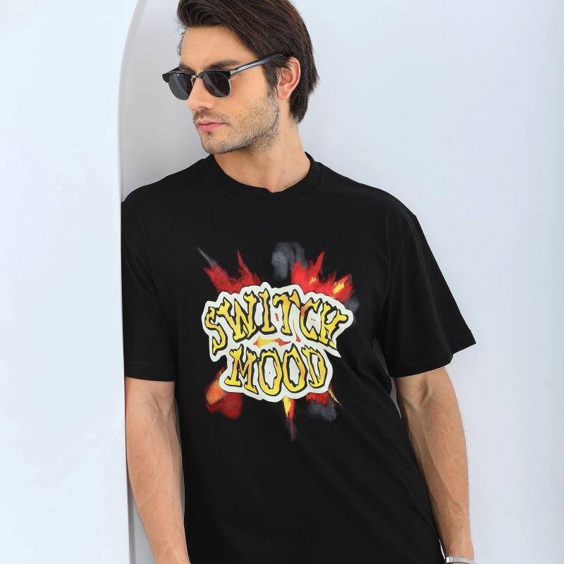 Erkek Kısa Kol Yazlık Tişört Bisiklet Yaka Baskılı Oversize T-Shirt - Siyah
