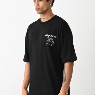 Erkek Kısa Kol Yazlık Tişört Bisiklet Yaka Baskılı Oversize T-Shirt - Siyah