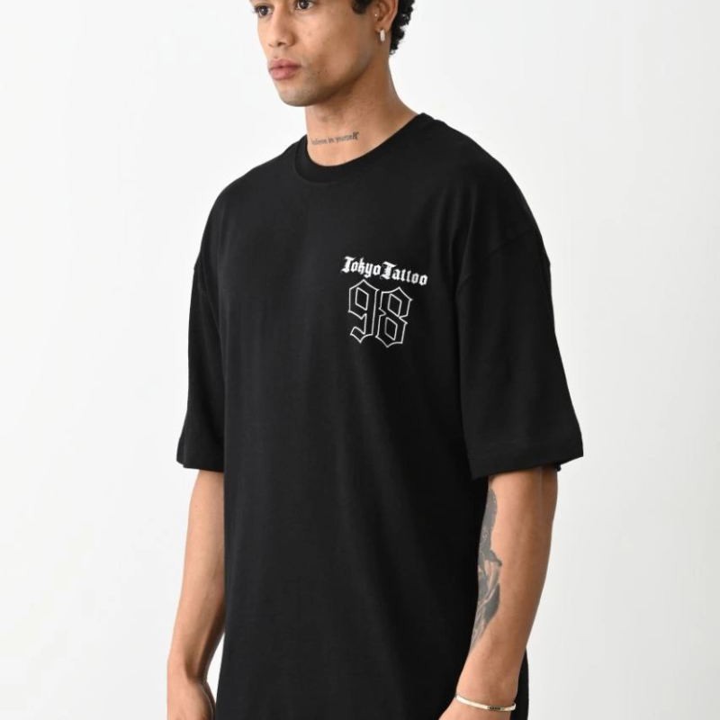 Erkek Kısa Kol Yazlık Tişört Bisiklet Yaka Baskılı Oversize T-Shirt - Siyah