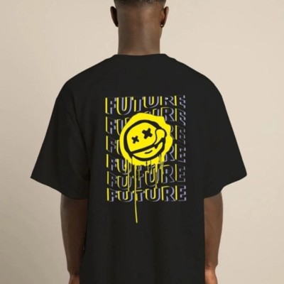 Erkek Kısa Kol Yazlık Tişört Bisiklet Yaka Baskılı Oversize T-Shirt - Siyah