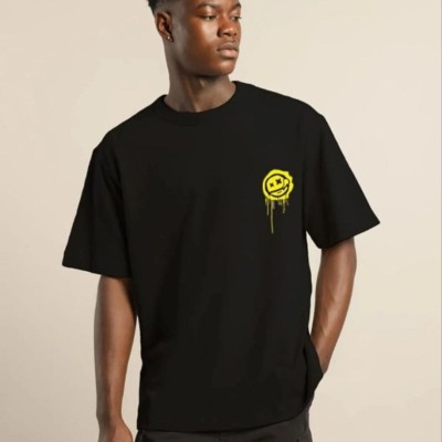 Erkek Kısa Kol Yazlık Tişört Bisiklet Yaka Baskılı Oversize T-Shirt - Siyah