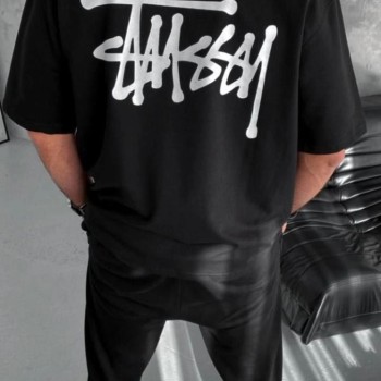 Erkek Kısa Kol Yazlık Tişört Bisiklet Yaka Baskılı Oversize T-Shirt - Siyah