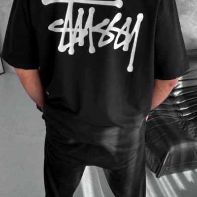 Erkek Kısa Kol Yazlık Tişört Bisiklet Yaka Baskılı Oversize T-Shirt - Siyah