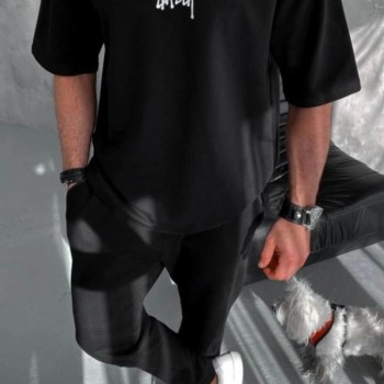 Erkek Kısa Kol Yazlık Tişört Bisiklet Yaka Baskılı Oversize T-Shirt - Siyah