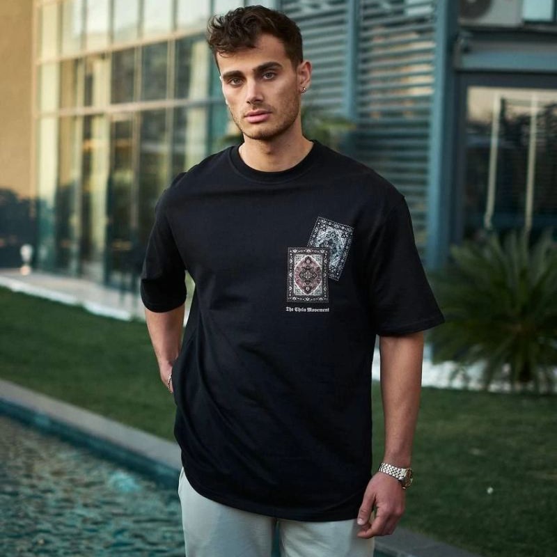 Erkek Kısa Kol Yazlık Tişört Bisiklet Yaka Baskılı Oversize T-Shirt - Siyah