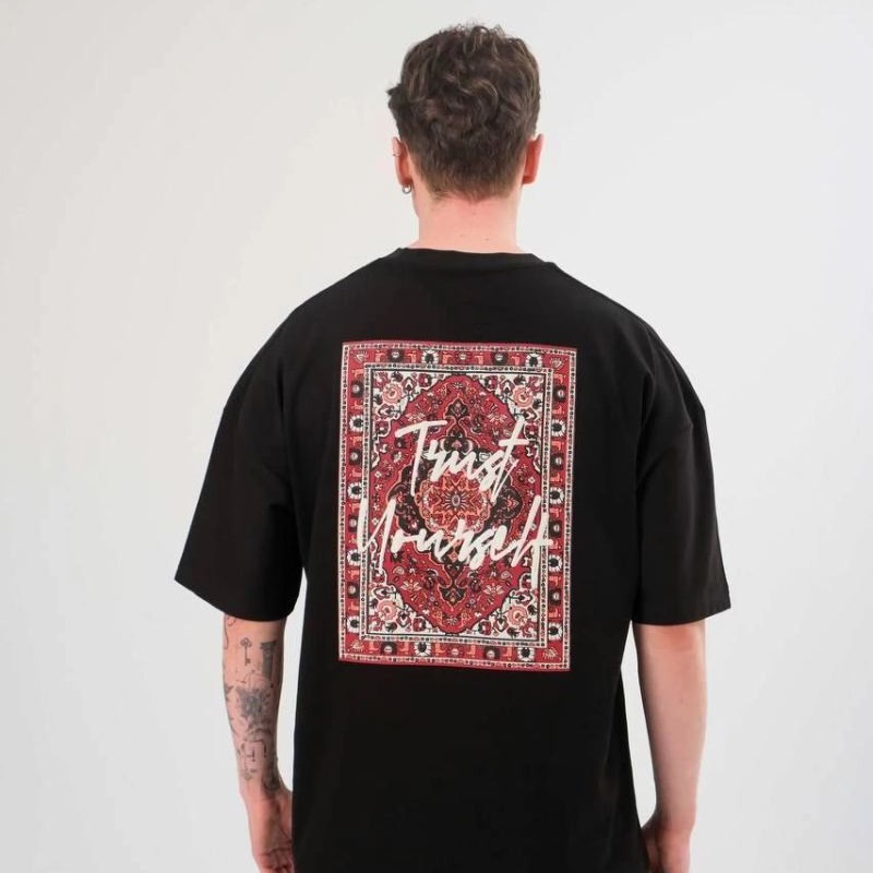Erkek Kısa Kol Yazlık Tişört Bisiklet Yaka Baskılı Oversize T-Shirt - Siyah