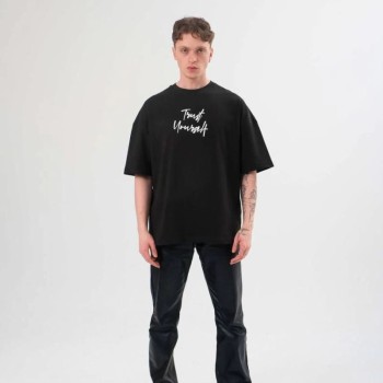 Erkek Kısa Kol Yazlık Tişört Bisiklet Yaka Baskılı Oversize T-Shirt - Siyah