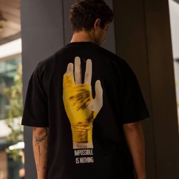 Erkek Kısa Kol Yazlık Tişört Bisiklet Yaka Baskılı Oversize T-Shirt - Siyah