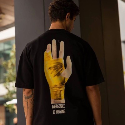 Erkek Kısa Kol Yazlık Tişört Bisiklet Yaka Baskılı Oversize T-Shirt - Siyah