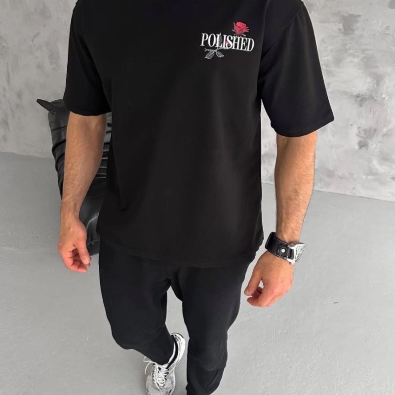 Erkek Kısa Kol Yazlık Tişört Bisiklet Yaka Baskılı Oversize T-Shirt - Siyah