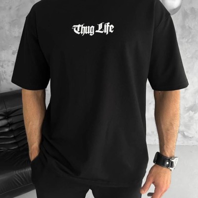 Erkek Kısa Kol Yazlık Tişört Bisiklet Yaka Baskılı Oversize T-Shirt - Siyah