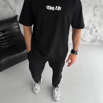 Erkek Kısa Kol Yazlık Tişört Bisiklet Yaka Baskılı Oversize T-Shirt - Siyah