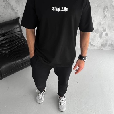 Erkek Kısa Kol Yazlık Tişört Bisiklet Yaka Baskılı Oversize T-Shirt - Siyah