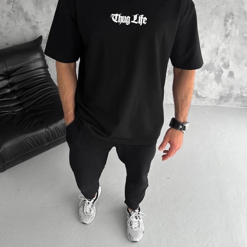 Erkek Kısa Kol Yazlık Tişört Bisiklet Yaka Baskılı Oversize T-Shirt - Siyah