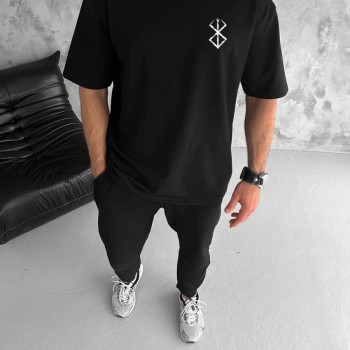 Erkek Kısa Kol Yazlık Tişört Bisiklet Yaka Baskılı Oversize T-Shirt - Siyah