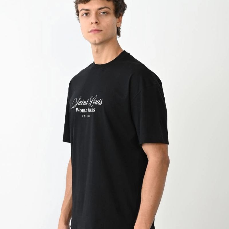 Erkek Kısa Kol Yazlık Tişört Bisiklet Yaka Baskılı Oversize T-Shirt - Siyah