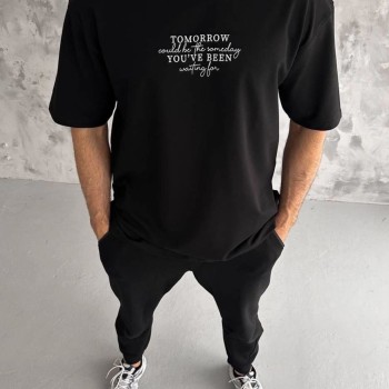 Erkek Kısa Kol Yazlık Tişört Bisiklet Yaka Baskılı Oversize T-Shirt - Siyah