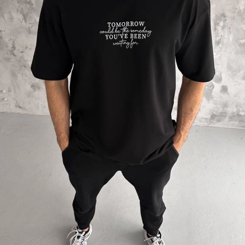 Erkek Kısa Kol Yazlık Tişört Bisiklet Yaka Baskılı Oversize T-Shirt - Siyah