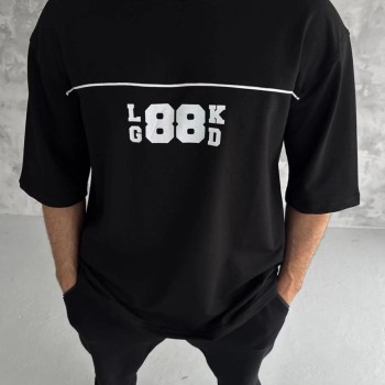 Erkek Kısa Kol Yazlık Tişört Bisiklet Yaka Baskılı Oversize T-Shirt - Siyah