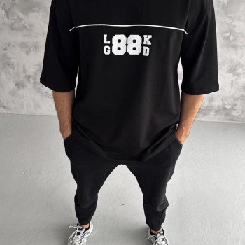 Erkek Kısa Kol Yazlık Tişört Bisiklet Yaka Baskılı Oversize T-Shirt - Siyah