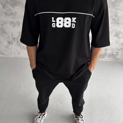 Erkek Kısa Kol Yazlık Tişört Bisiklet Yaka Baskılı Oversize T-Shirt - Siyah